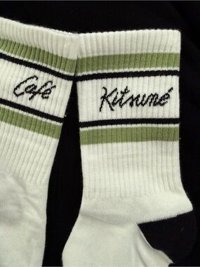 MAISON KITSUNE Cafe Kitsune White & Olive Stripe Crew Socks size 6-9